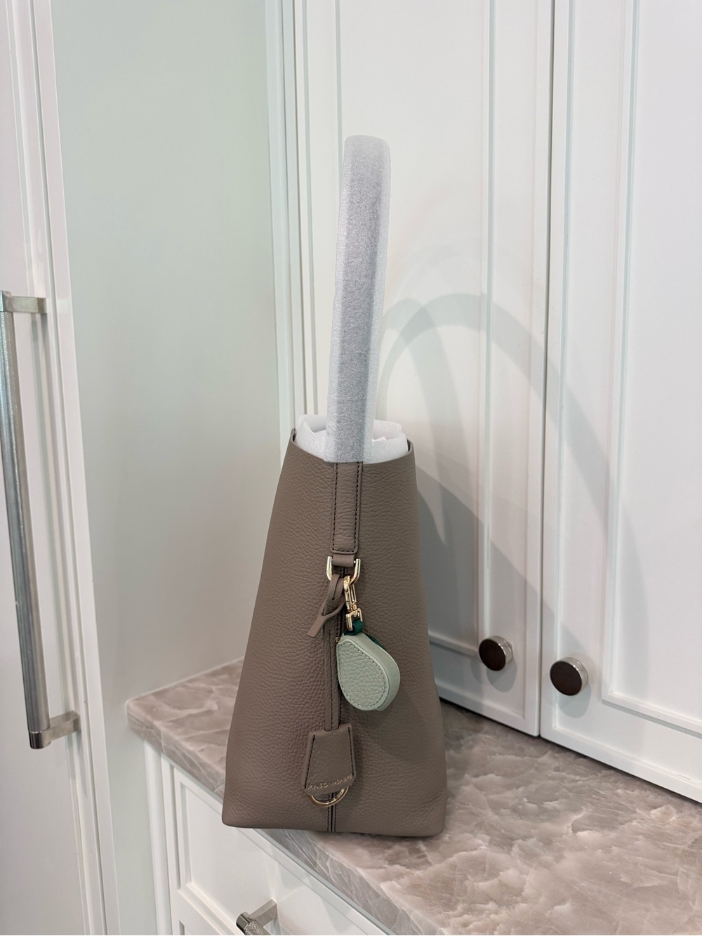 NWT Maison de Sabre Grey Leather Bucket Soft Tote Bag with bag charm - Picture 11 of 16